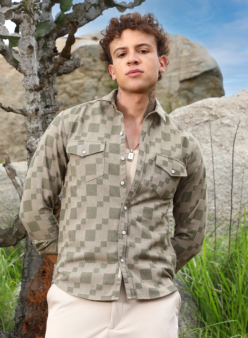كامبوس سوترا Men's Sage Green Cubic Utility Shirt For Casual Wear | Spread Collar | Long Sleeve | Button Closure | Shirt Crafted With Comfort Fit For Everyday Wear